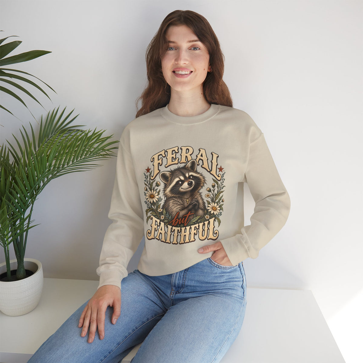 Crewneck Sweatshirt — "Feral but Faithful" Raccoon Floral Design