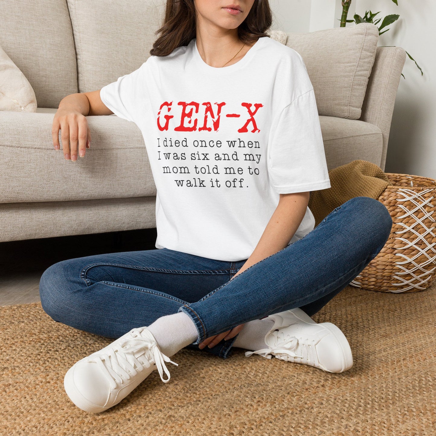 Gen‑X T-Shirt — Vintage Red Stamp "GEN‑X" with Funny Retro Quote