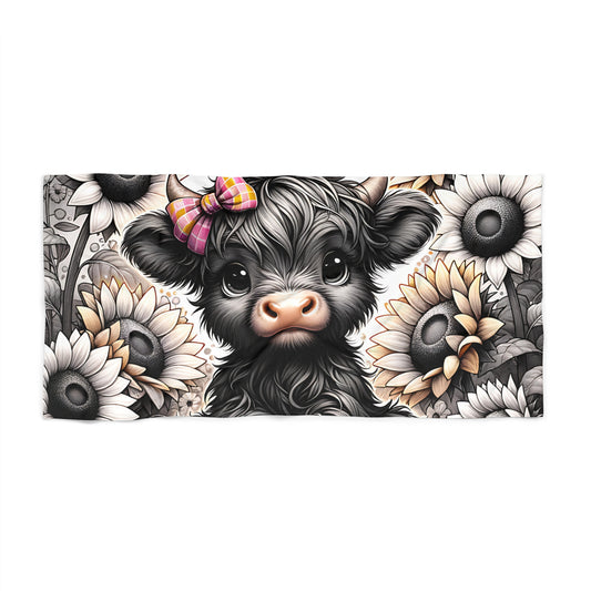 Cute Highland Calf Beach Towel — Floral Cow Beach Towel with Bow