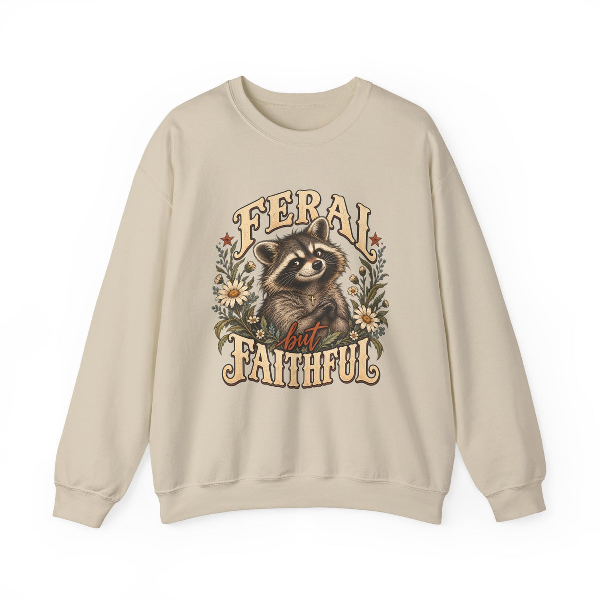 Crewneck Sweatshirt — "Feral but Faithful" Raccoon Floral Design