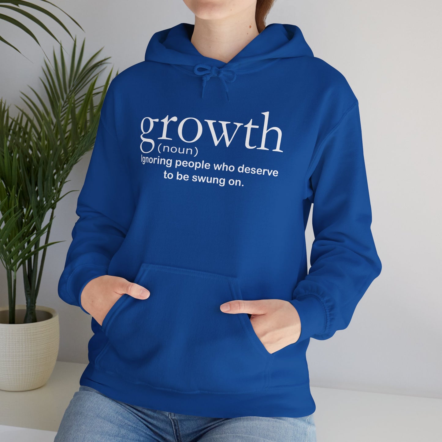 Hoodie — "growth (noun) Ignoring people who deserve to be swung on." Motivational Black Pullover