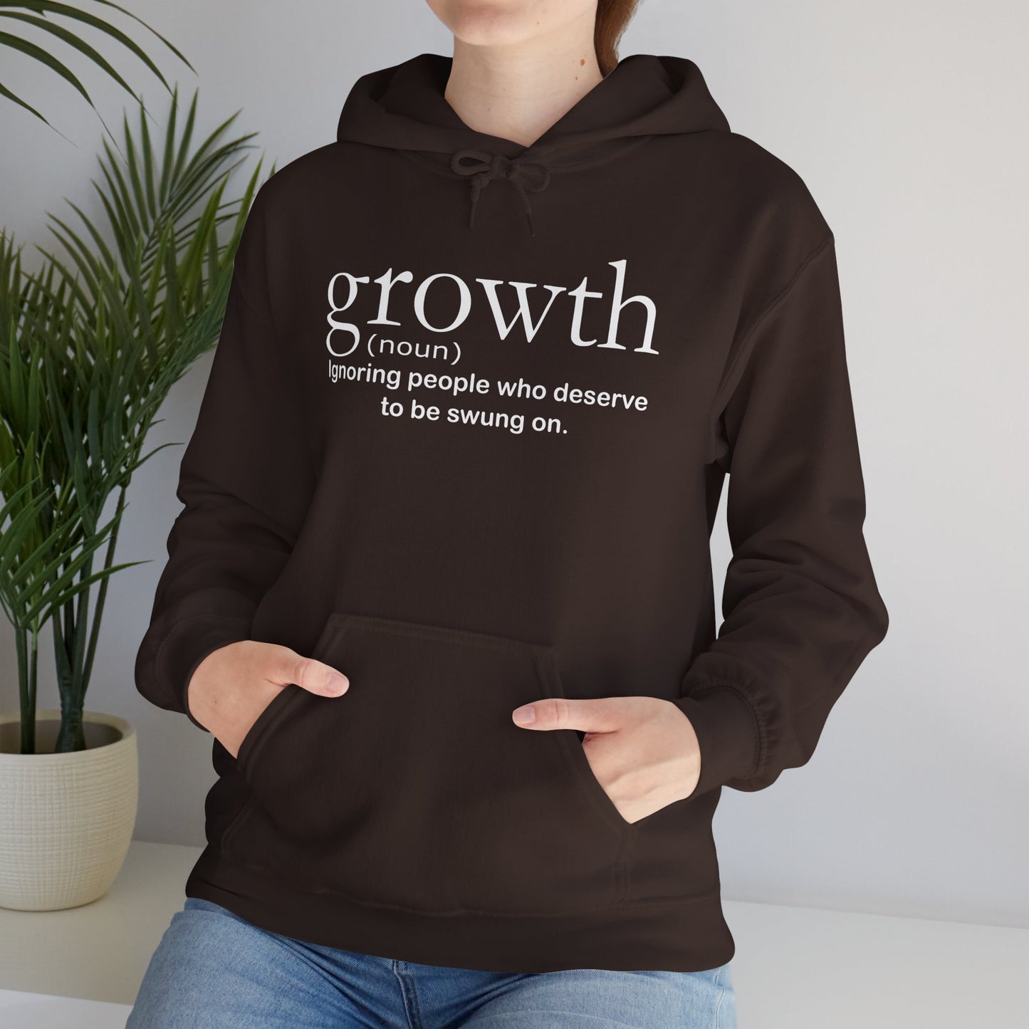 Hoodie — "growth (noun) Ignoring people who deserve to be swung on." Motivational Black Pullover