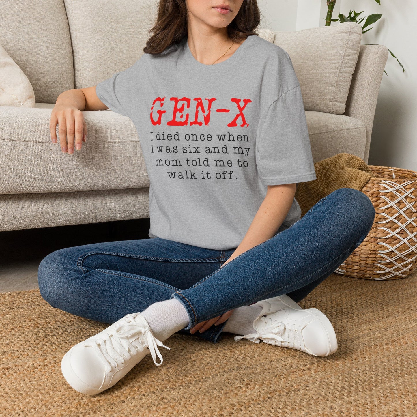 Gen‑X T-Shirt — Vintage Red Stamp "GEN‑X" with Funny Retro Quote