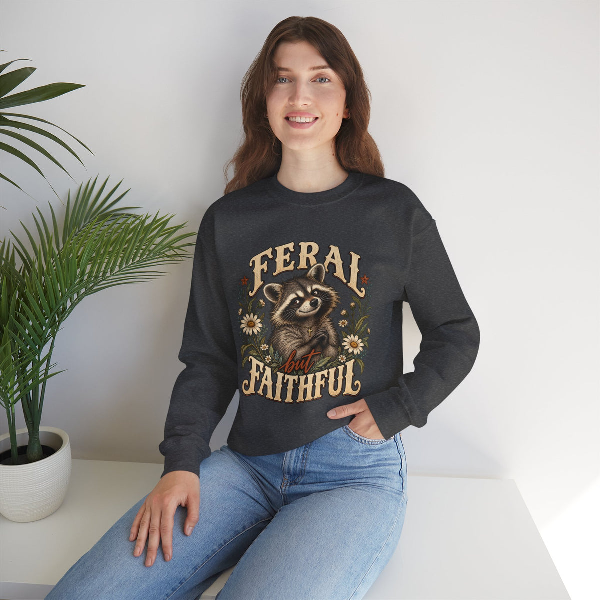 Crewneck Sweatshirt — "Feral but Faithful" Raccoon Floral Design