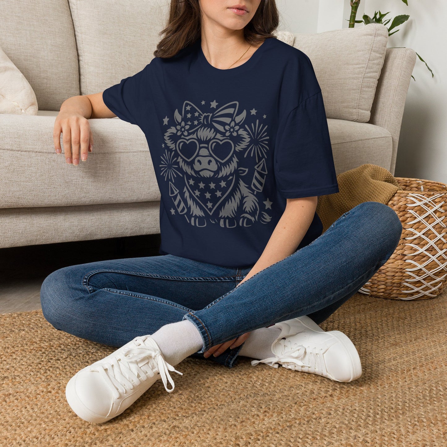Patriotic Cow Graphic Tee — Cow with Heart Sunglasses & Fireworks