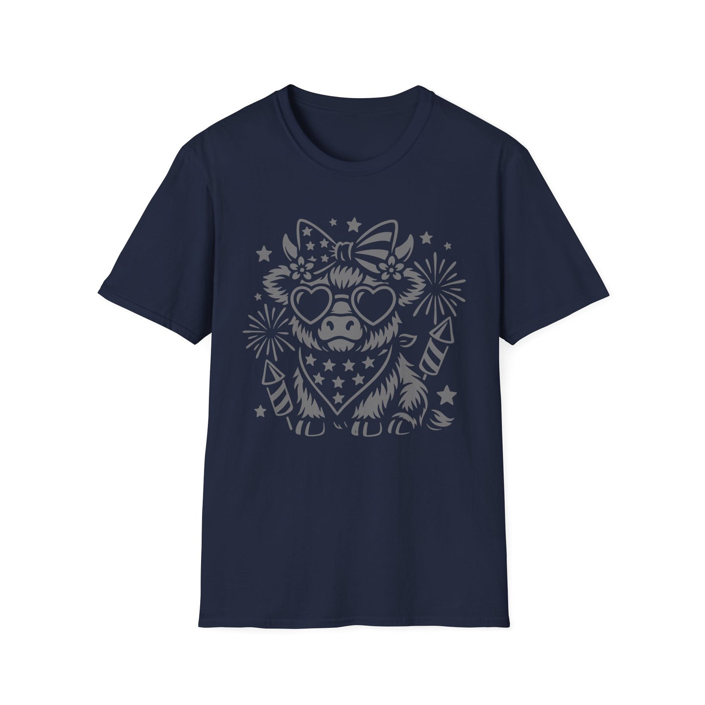 Patriotic Cow Graphic Tee — Cow with Heart Sunglasses & Fireworks