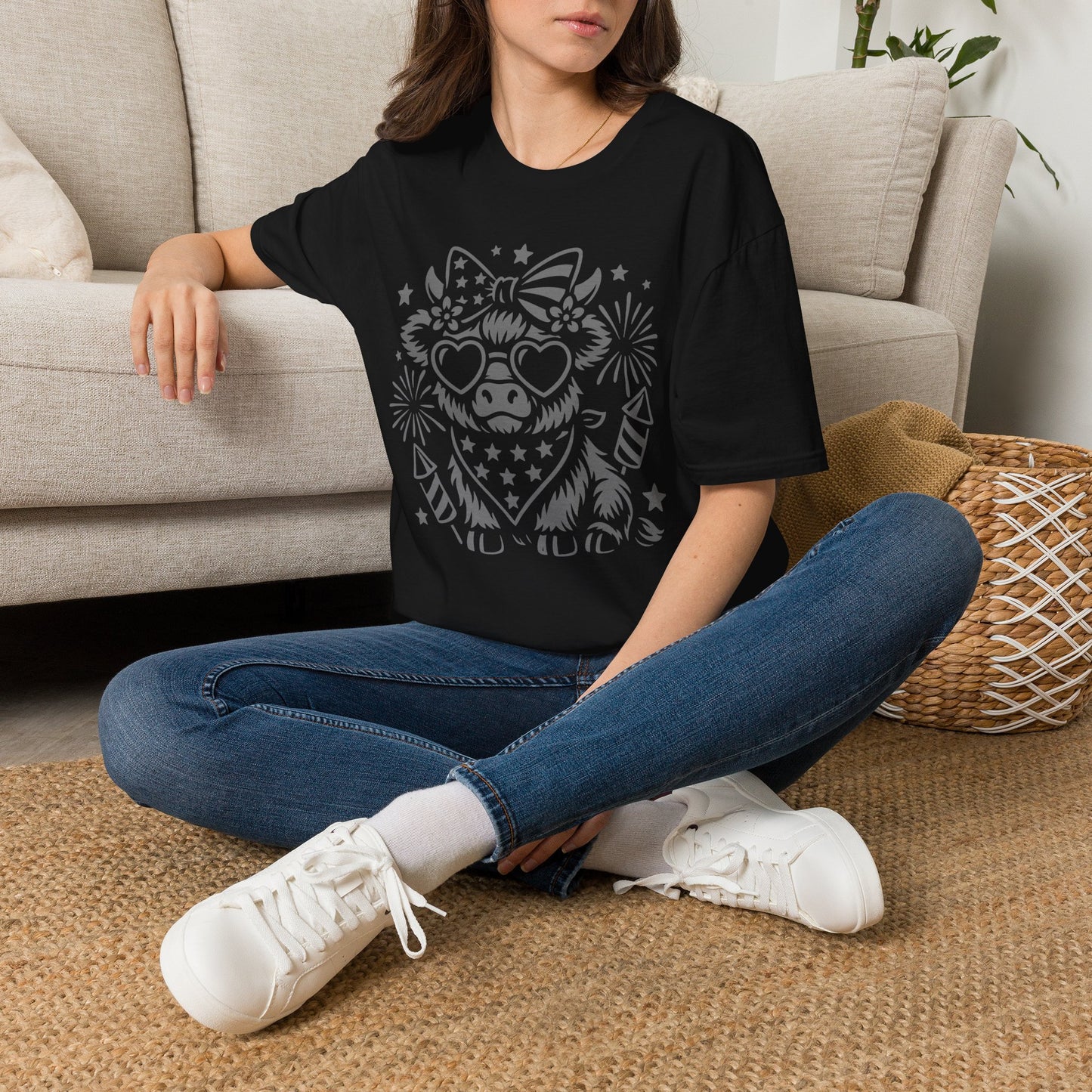 Patriotic Cow Graphic Tee — Cow with Heart Sunglasses & Fireworks