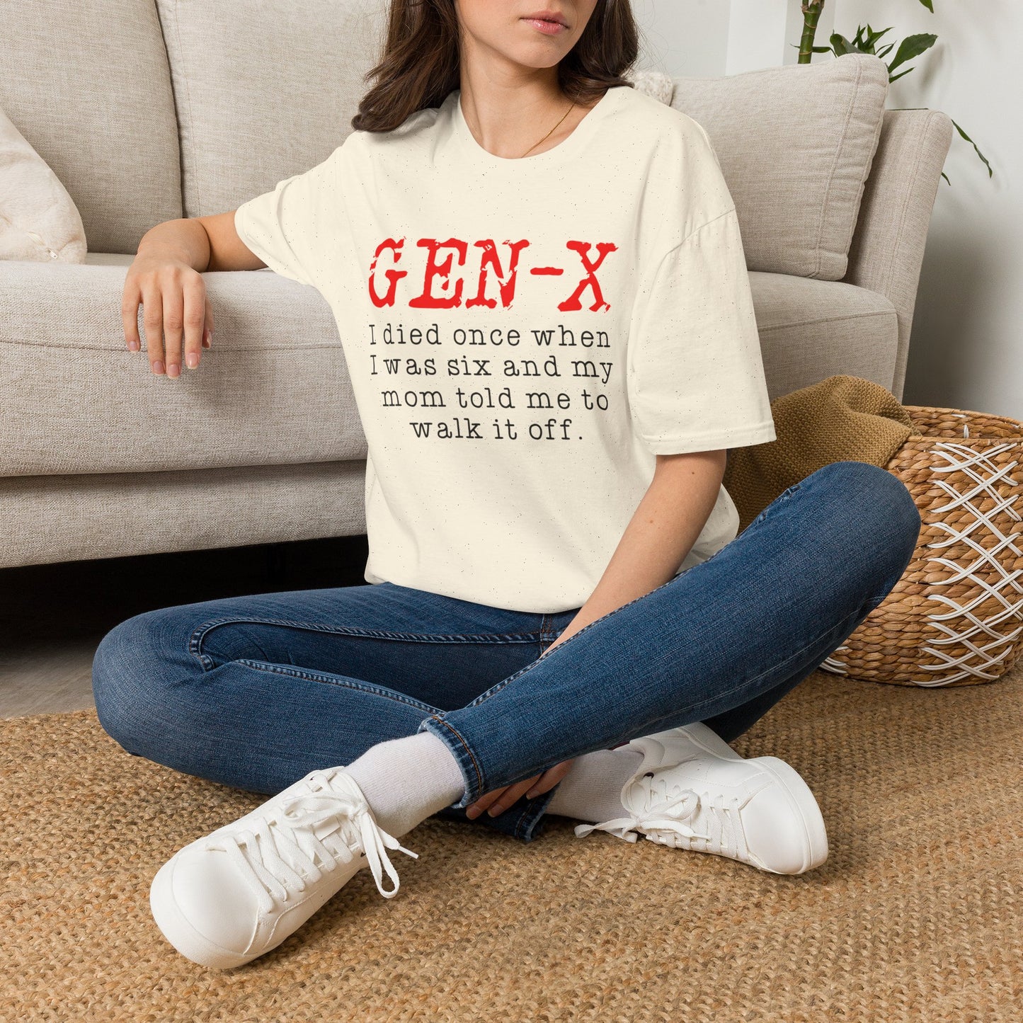Gen‑X T-Shirt — Vintage Red Stamp "GEN‑X" with Funny Retro Quote