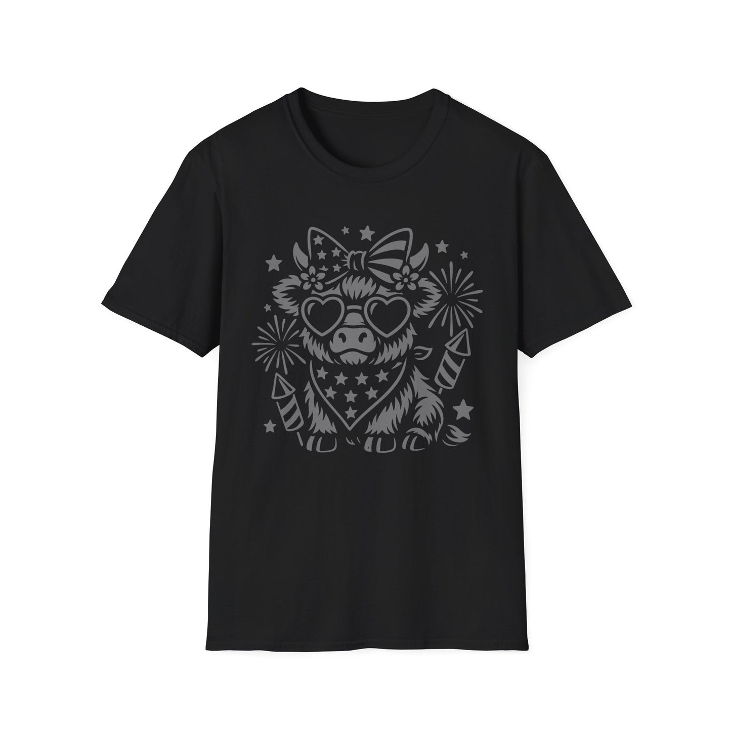 Patriotic Cow Graphic Tee — Cow with Heart Sunglasses & Fireworks