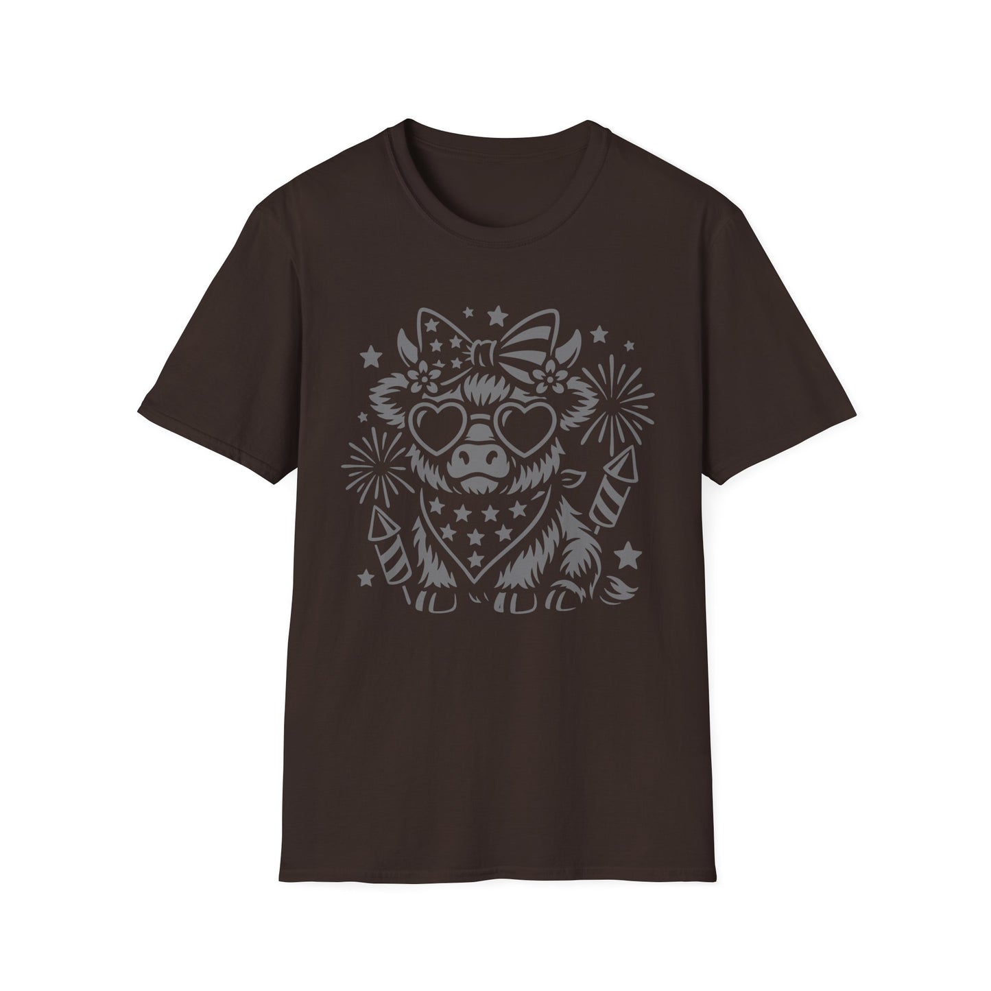 Patriotic Cow Graphic Tee — Cow with Heart Sunglasses & Fireworks