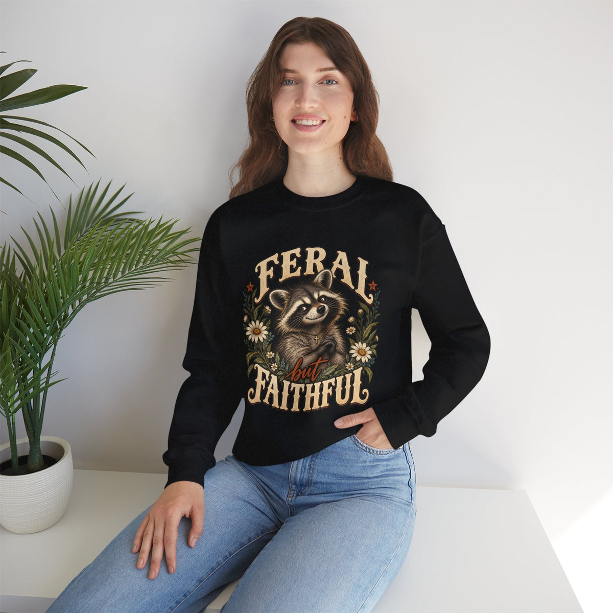 Crewneck Sweatshirt — "Feral but Faithful" Raccoon Floral Design