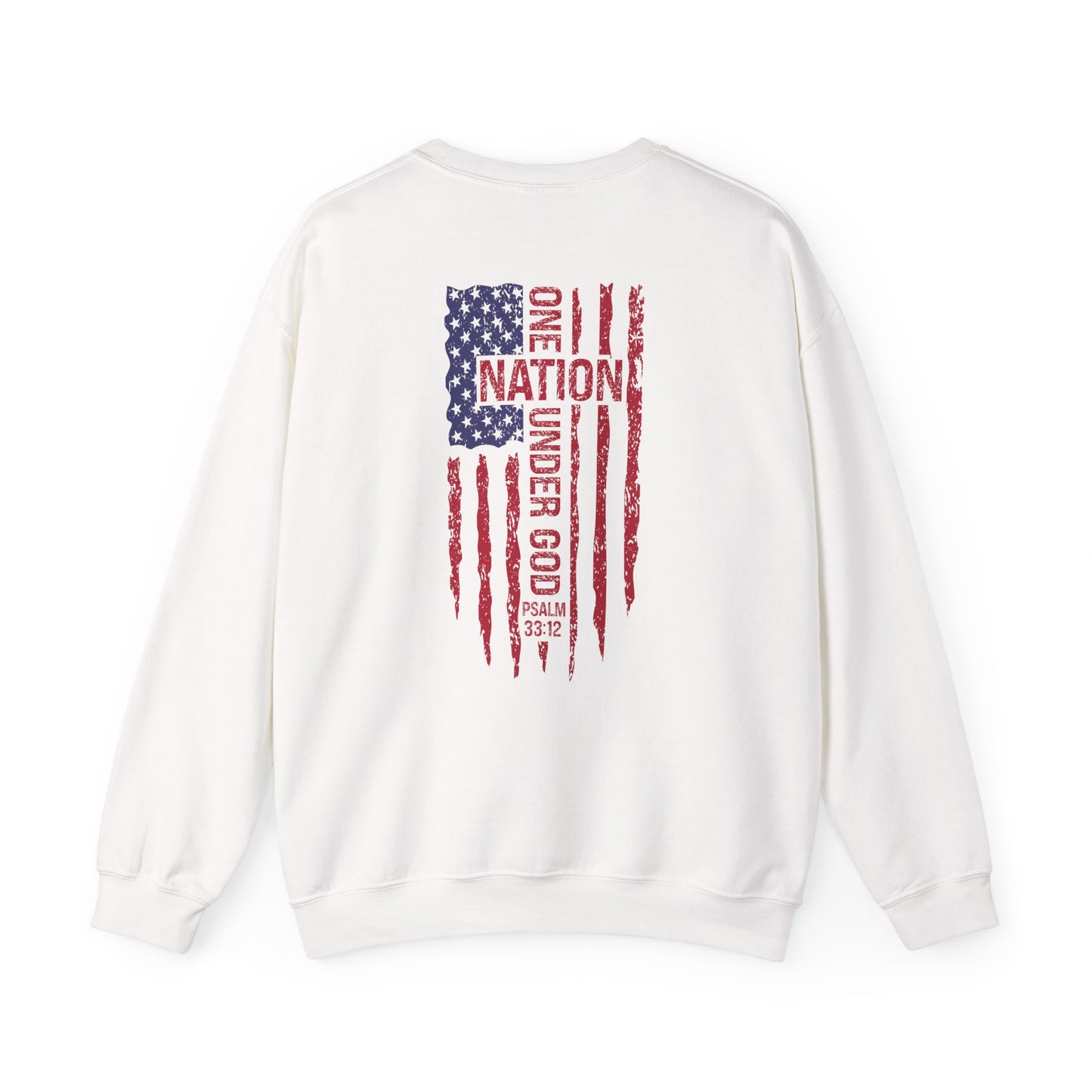 Crewneck Sweatshirt — Distressed American Flag "One Nation Under God" Back Print (Patriotic)