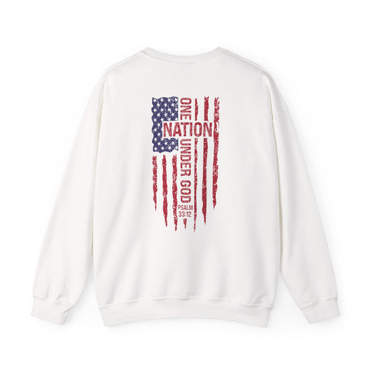 Crewneck Sweatshirt — Distressed American Flag "One Nation Under God" Back Print (Patriotic)