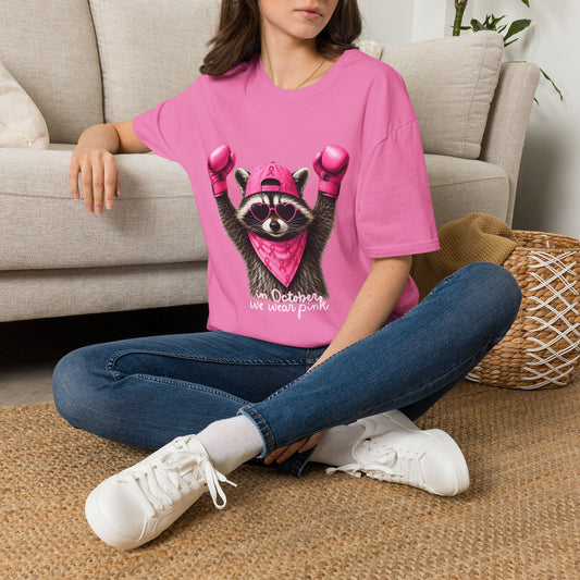 Pink Raccoon Boxing Tee – "In October We Wear Pink" Breast Cancer Awareness T-Shirt