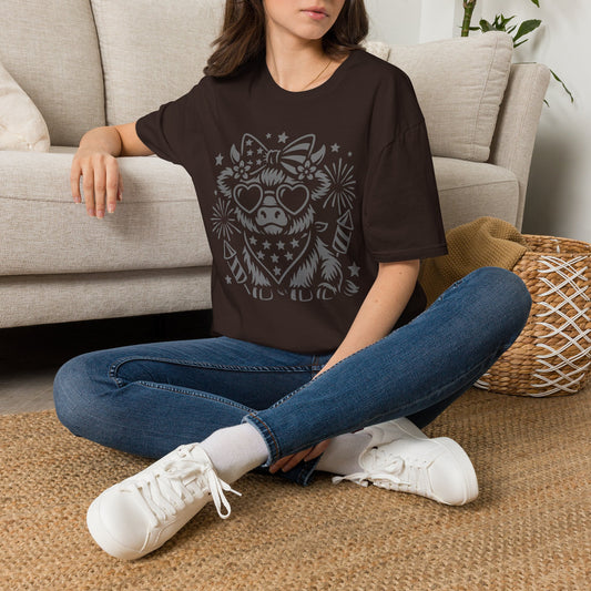 Patriotic Cow Graphic Tee — Cow with Heart Sunglasses & Fireworks