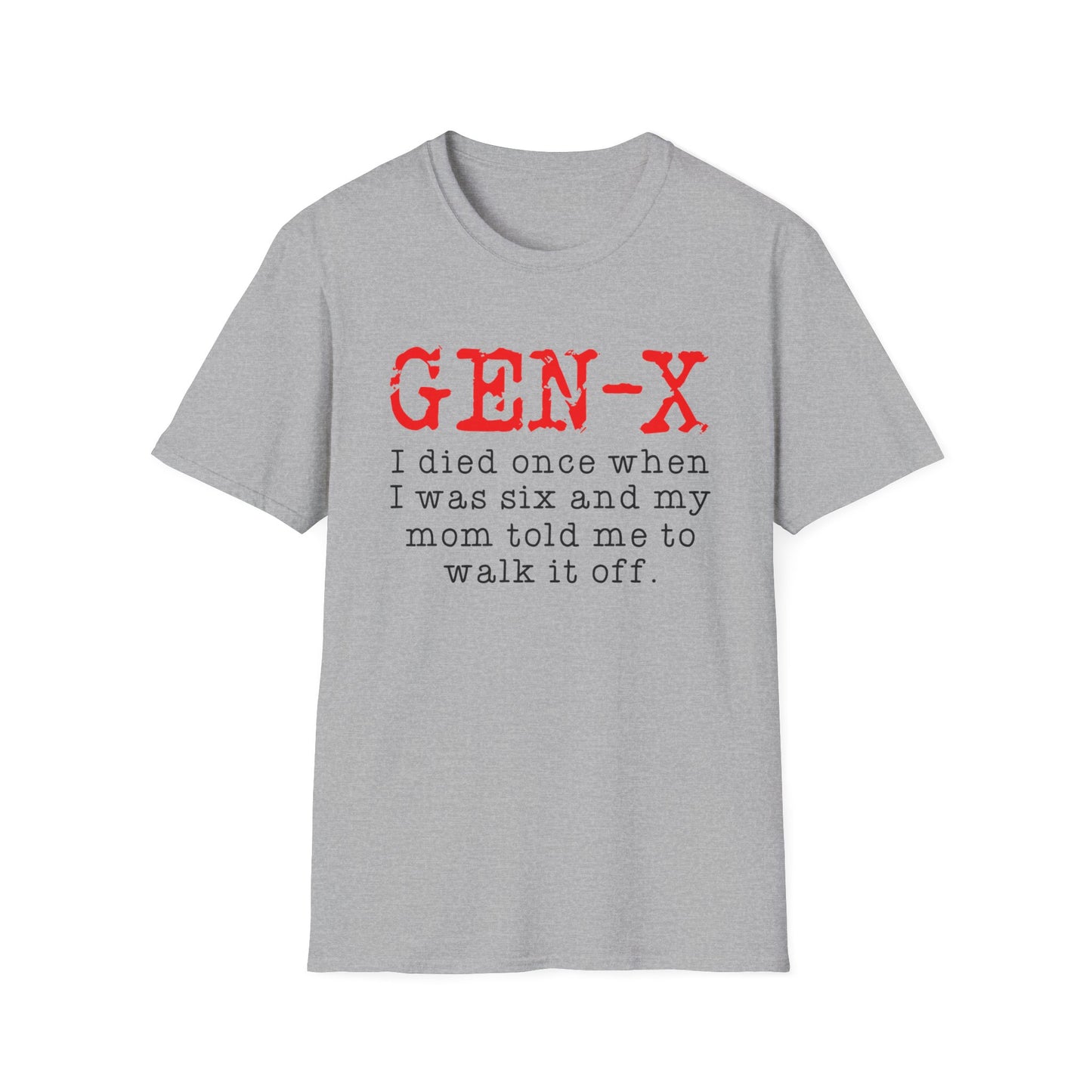 Gen‑X T-Shirt — Vintage Red Stamp "GEN‑X" with Funny Retro Quote